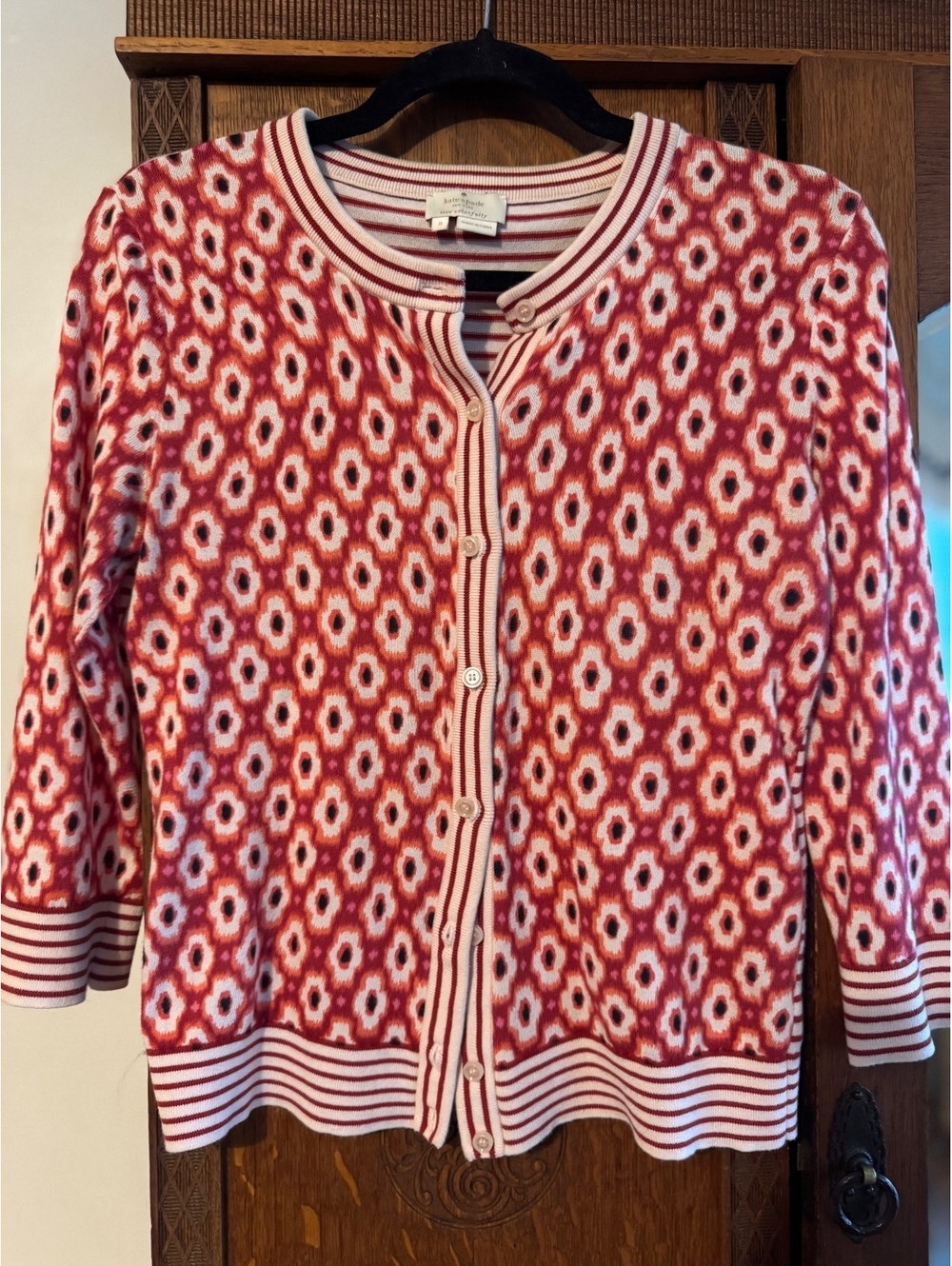 Kate Spade Twee 100% Cotton Red and white patterned button cardigan